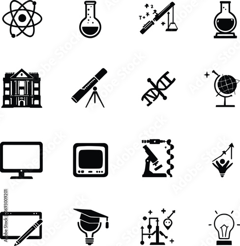 (60)Science and education icon set with lab tools, equations, DNA, graduation, digital devices and academic symbols in vector style