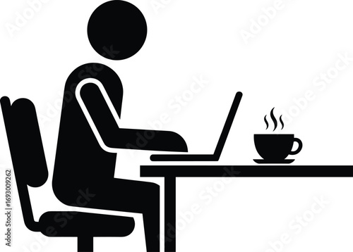 Minimal black and white silhouette of person working at desk with laptop and coffee, symbolizing remote work and productivity.