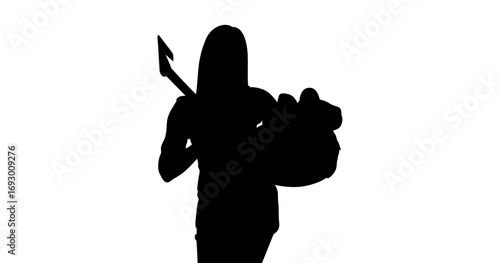A strong, dynamic silhouette of a female warrior, seen from the back, is carrying a large, possibly heavy, object on her back.