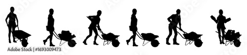 A horizontal row of black silhouette figures pushing wheelbarrows.