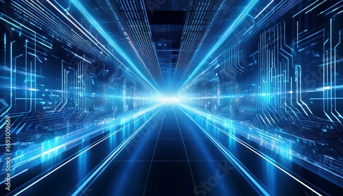 Wallpaper Mural a futuristic journey through a symmetrical tunnel of glowing blue lines and geometric data streams Torontodigital.ca