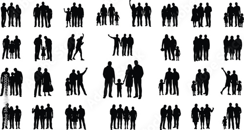 Family silhouette illustration set with diverse adult-child groupings for social demographics, parenting themes, and black-and-white vector design