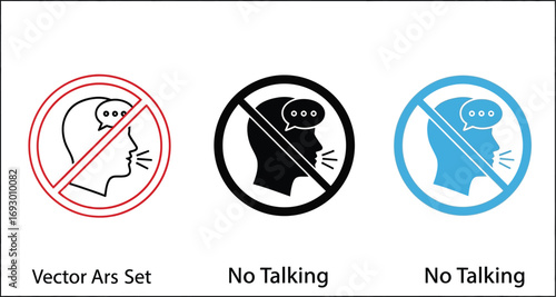 Set of three prohibition icons for no talking or speaking