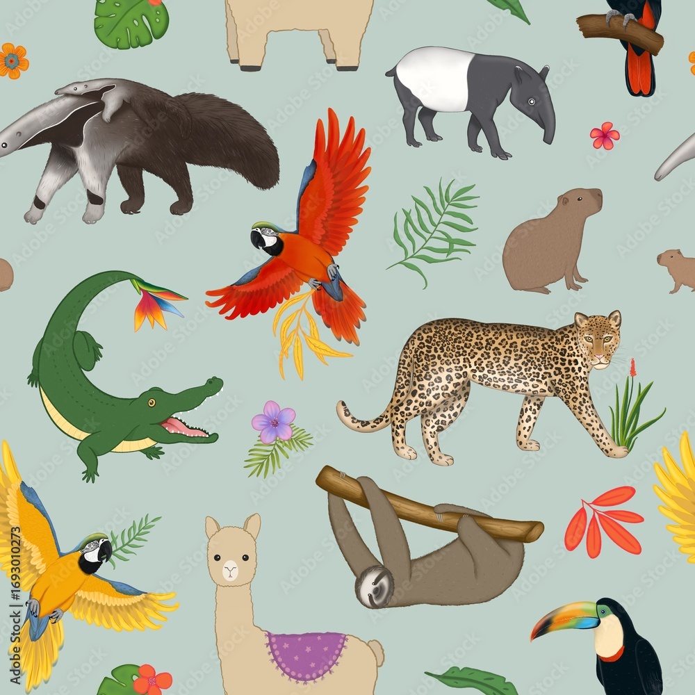 Obraz premium Stylish Seamless Pattern with South American Animals on Sage Green Background, Modern Jungle Wildlife Texture for Fabric Design.