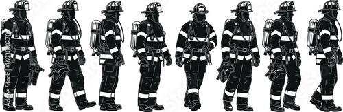 Firefighter silhouette illustration set with helmet, oxygen tank, and gear for emergency response, safety training, and vector design