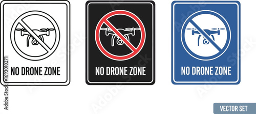 Clear signs indicating no drone zones, with different styles and colors