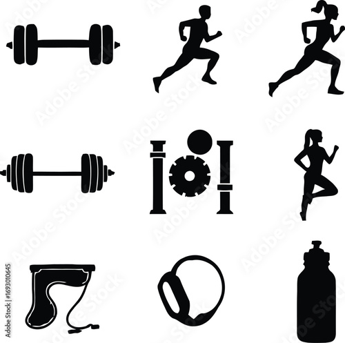 (70)Fitness icon set with barbell, running figures, gym gear, jump rope, headphones and water bottle in black and white vector style