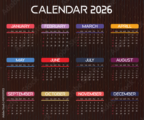 2026 Calendar with months, weeks, and days displayed on a brown wooden texture.