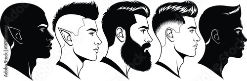 Male head silhouette illustration with diverse hairstyles and fantasy features for character design, grooming reference, and black-and-white vector art