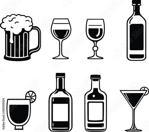 (74)Alcoholic beverage icon set with beer mugs, wine glasses, cocktail drinks and liquor bottles in black and white vector style