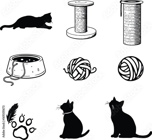 (75)Cat icon set with playful silhouettes, scratching posts, yarn balls, food bowls and pet accessories in black and white vector style