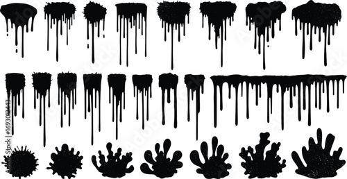 Ink and paint splatter silhouette set with dripping effects for grunge design, abstract texture, and black-and-white vector illustration