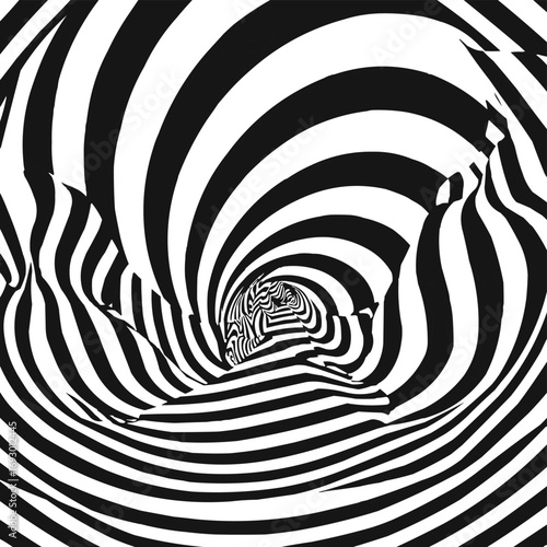 illusion of old alternating black and white stripes twist and curve in perfect geometric progression