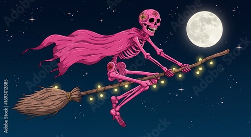 Pink skeleton witch flying on a broom