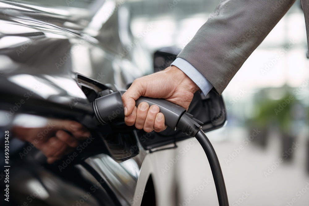 Close-up of a hand holding an electric car charging cable, a business person in a suit is standing near a black SUV. Close-up of a hand holding an electric car charging cable, a business person in a suit is standing near a black SUV.