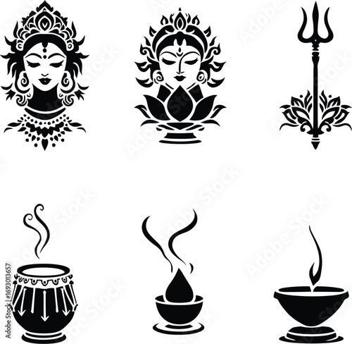 (89)Hindu religious vector set with goddess faces, trident, diya lamps, drum, lotus and sacred ritual elements in line art style