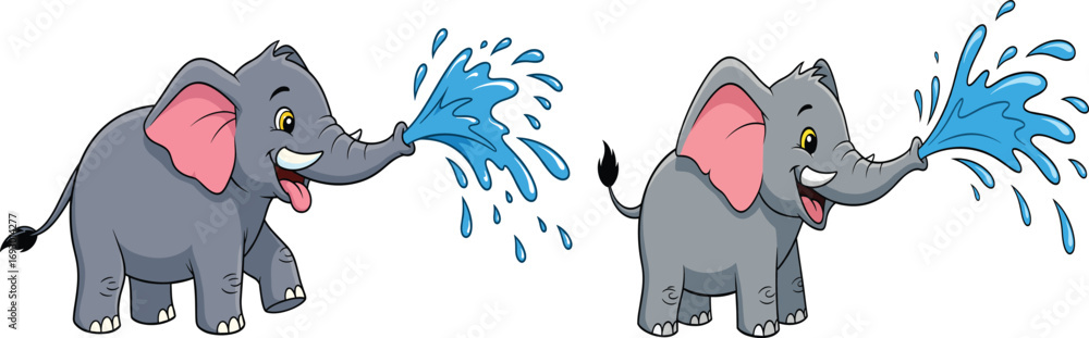 Naklejka premium Cute cartoon baby elephant spraying water, happy smiling animal character illustration, funny wildlife mascot design, jungle safari vector, playful adorable elephant art