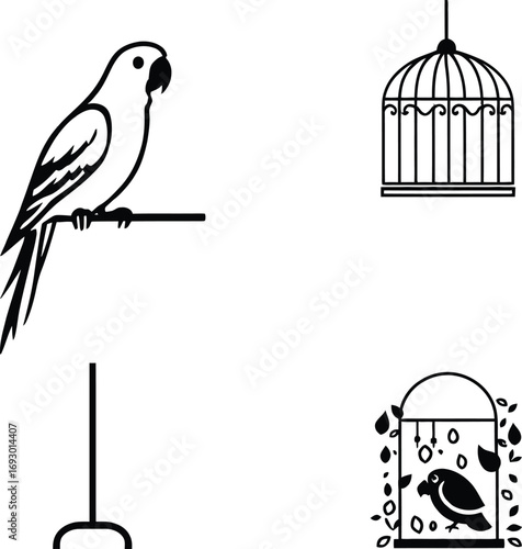 (93)Black and white bird and cage vector set with parrot, perch, hanging cage and decorative elements in minimalist style