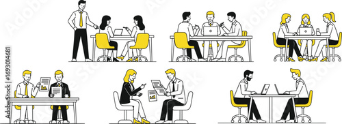 Office meeting and collaboration scenes in line style showing teamwork, interviews, presentations, laptop work, and professional workplace dynamics