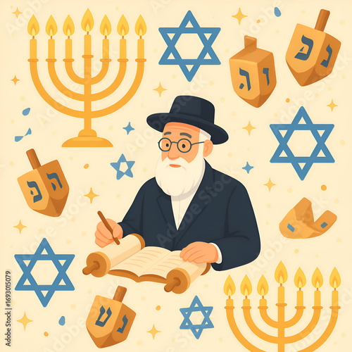 Seamless festive pattern of menorah, dreidels, and stars.