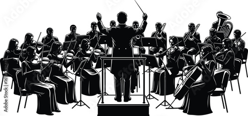 Black and white orchestra illustration with conductor leading musicians playing classical instruments in symphonic performance for music education and design