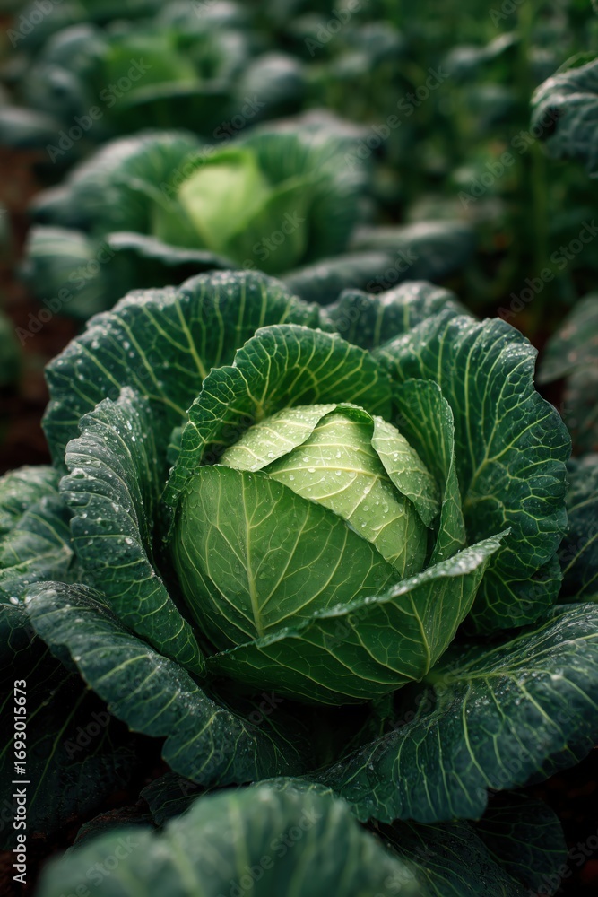 Fototapeta premium Close-up of a green cabbage in a field, a nature and healthy food concept.