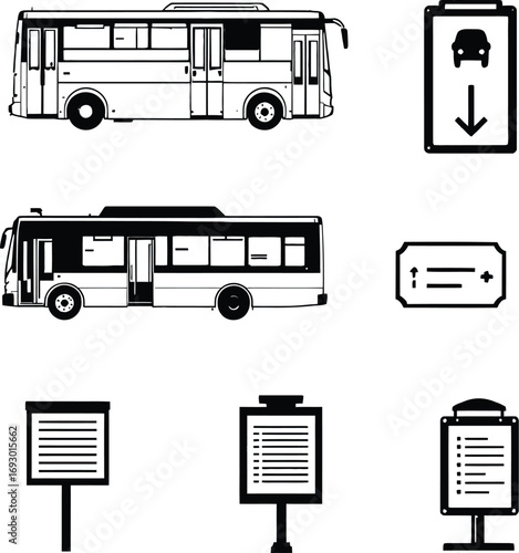 (100)Bus and Signage Doodle Set – Black and White Vector Illustrations of City Buses, Directional Arrows, and Transit Signs