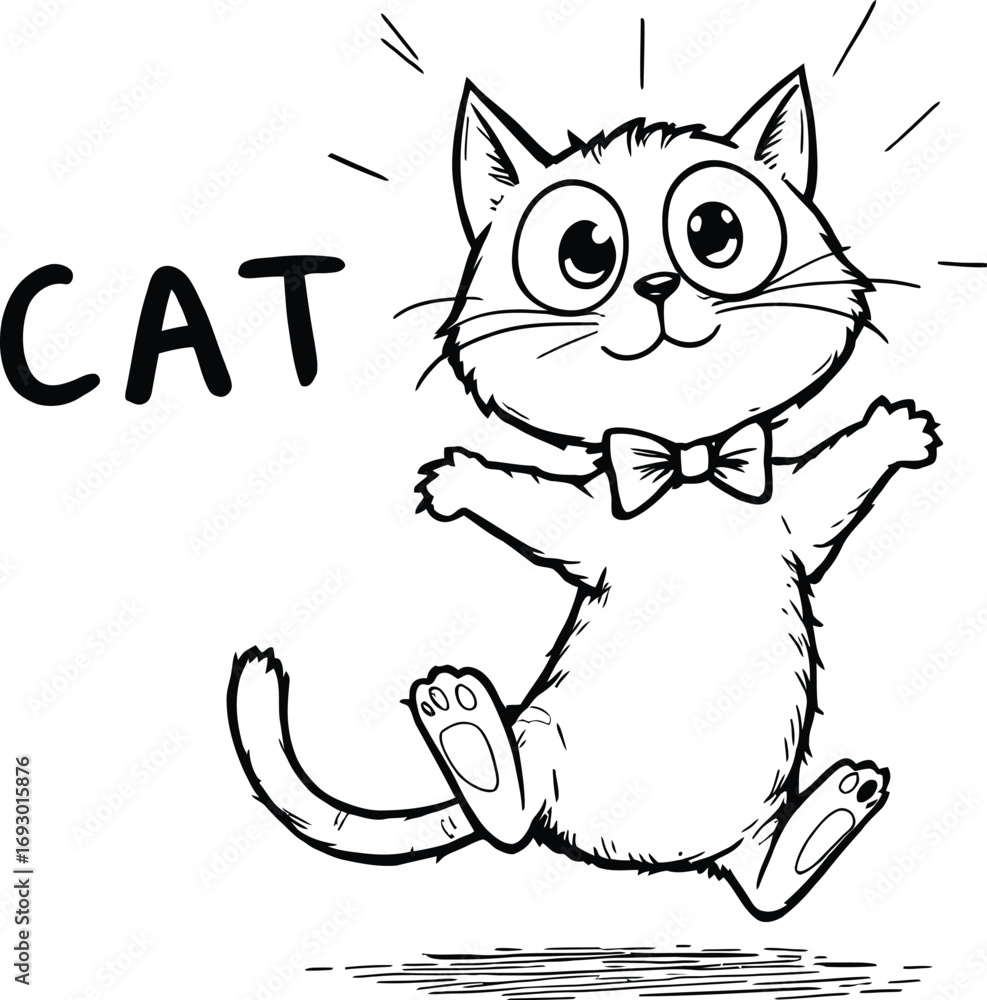 Naklejka premium (102)Jumping Cat Doodle – Black and White Vector Illustration of Playful Cartoon Feline with Bow Tie and Bold Lettering