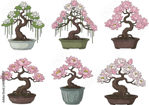 Collection of bonsai lotus trees in decorative pots, artistic floral bonsai illustration, blooming pink lotus, white lotus bonsai, elegant botanical artwork