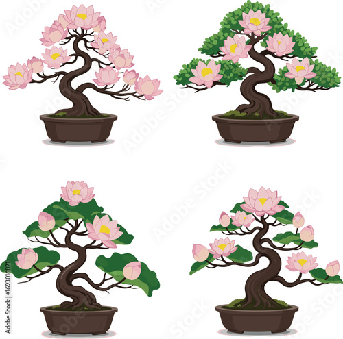 Elegant Pink Lotus Bonsai Trees in Pots, Beautiful Blossoms, Artistic Floral Arrangement, Tranquil Garden Design, Creative Bonsai Plant Illustration