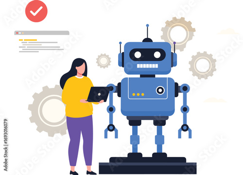 Woman Interacting with Friendly Robot and Laptop in Tech Scene – Engineering, AI, and Automation Concept in Line Art Illustration