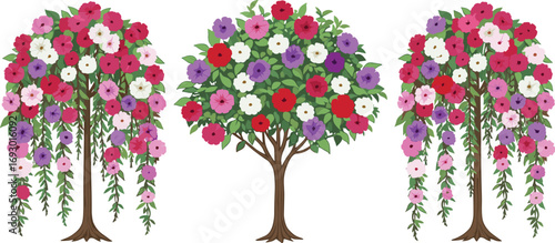 Colorful flowering trees with cascading blossoms, vibrant pink, red, purple floral designs, nature-inspired vector illustrations isolated on white background