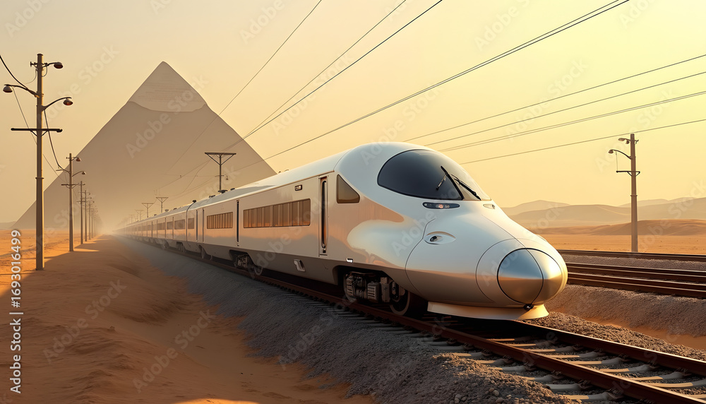 Fototapeta premium Modern train travels through a desert landscape with pyramids.