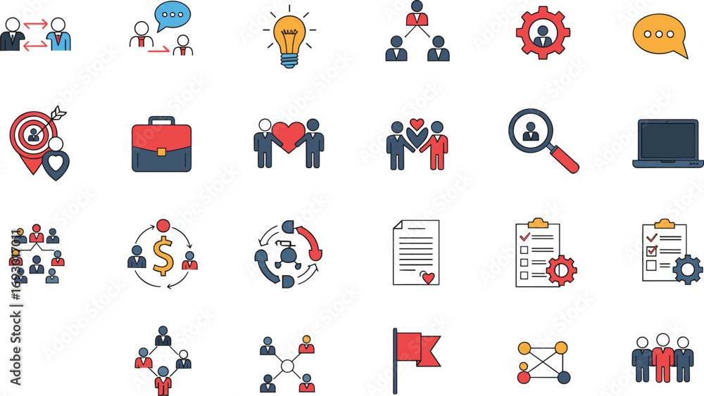 Fototapeta premium Business and Teamwork Icon Set Featuring Communication, Organization, and Collaboration Symbols – Stylized Grid for Professional and Educational Use