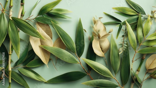 Wallpaper Mural A serene arrangement of vibrant green bamboo leaves and delicate, muted beige foliage, creating a tranquil and natural aesthetic against a soft mint backdrop. Torontodigital.ca