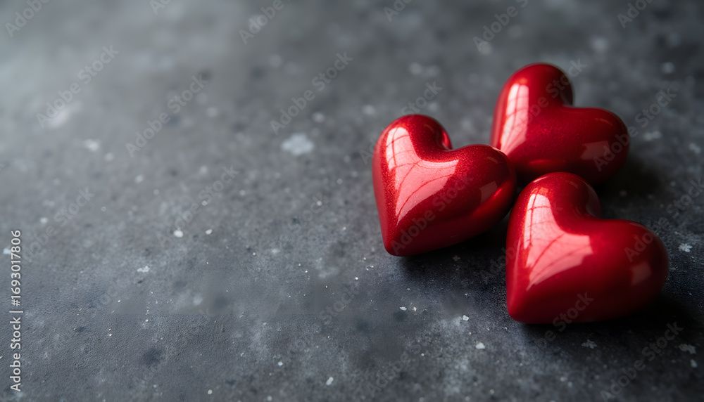 Fototapeta premium Red hearts on a dark gray surface