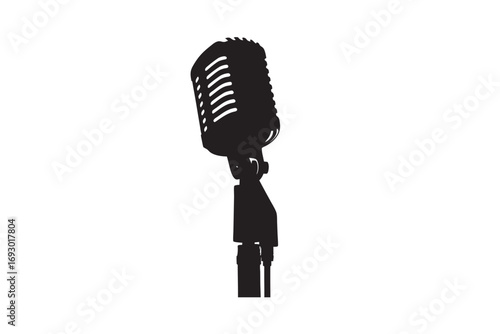 Retro vintage microphone on a stand in a stark black silhouette against a clean white background