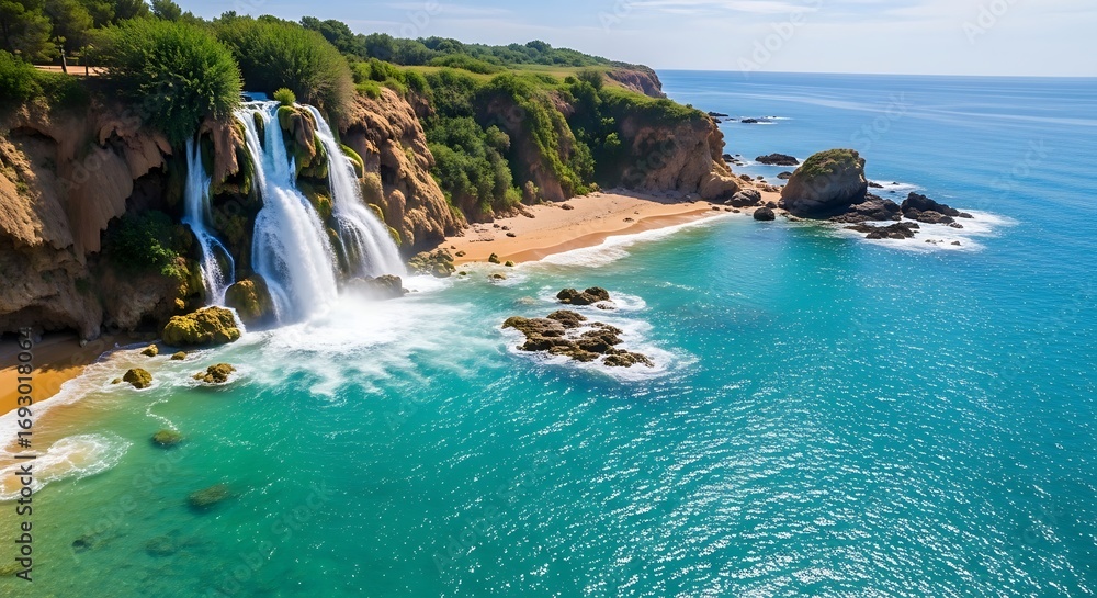Obraz premium Beautiful Waterfall Cascading onto a Sandy Beach into the Ocean.