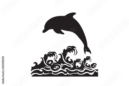 A dynamic black silhouette of a dolphin leaping joyfully out of stylized ocean waves representing freedom and the sea silhouette