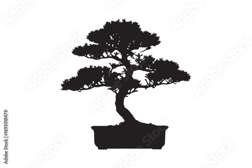 A detailed black silhouette of a mature bonsai tree with a curved trunk in a rectangular pot on a white background silhouette