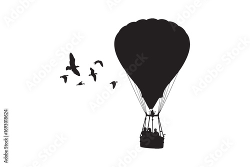 A striking black silhouette of a hot air balloon ascends into the sky with a flock of birds flying nearby silhouette