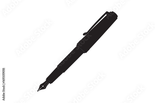 A classic black fountain pen depicted as a stark silhouette against a clean white background symbolizing writing and creativity silhouette