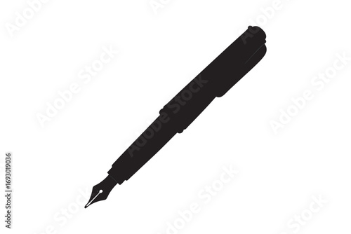 A classic fountain pen with a nib and cap depicted as a stark black silhouette on a white background symbolizing writing and creativity silhouette