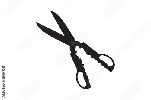 A black silhouette of garden shears with open blades and handles on a white background representing gardening and tools silhouette