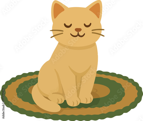 The image shows a simple cartoon-style yellow cat with closed eyes sitting calmly on a round green and yellow rug.