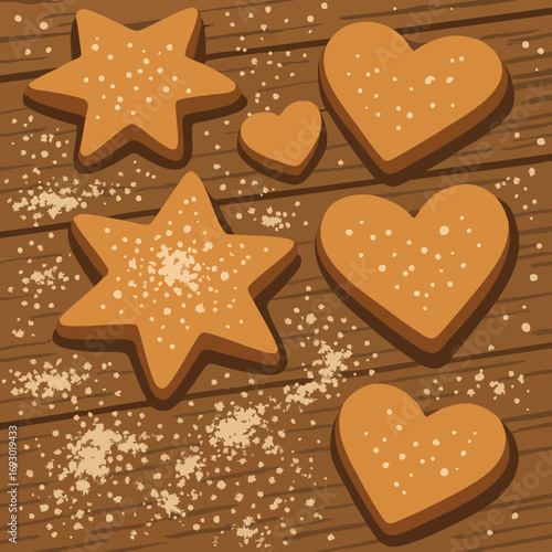 star-shaped and heart-shaped cookies sprinkled with sugar, placed on a wooden surface with crumbs scattered around.