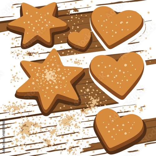 The image shows heart-shaped and star-shaped cookies sprinkled with sugar on a rustic wooden surface, with crumbs scattered artistically around.