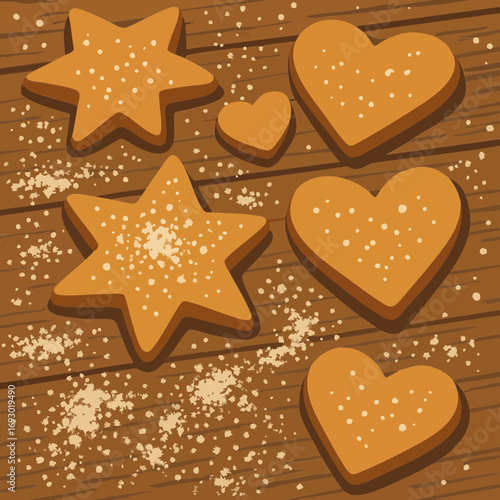 star-shaped and heart-shaped cookies sprinkled with sugar, placed on a wooden surface with crumbs scattered around.