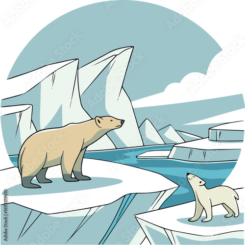 "Polar Bear and Cub on Arctic Ice with Icebreaker Ship – Vector Wildlife Illustration"