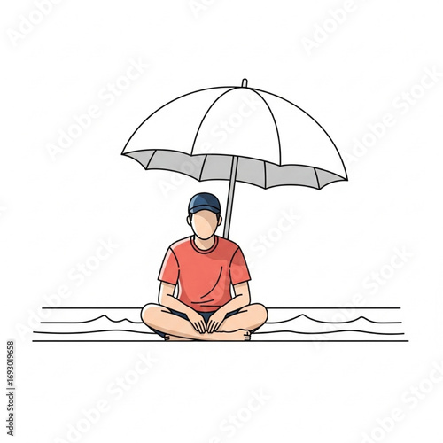 Person sitting under an umbrella on a beach, enjoying a moment of peace and shade